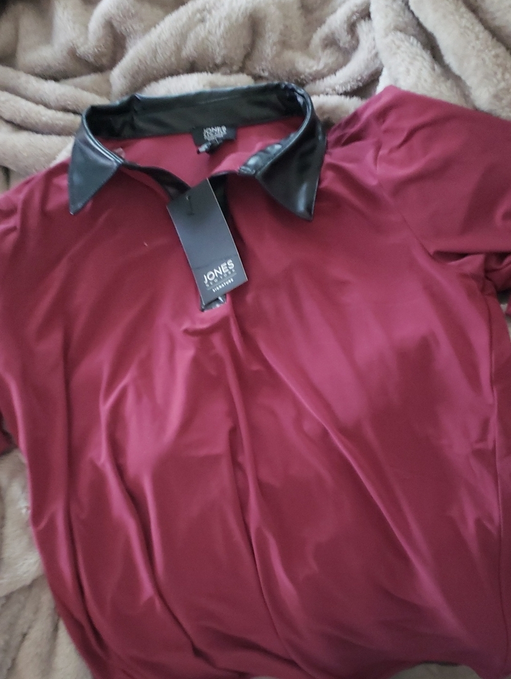 Jones New York Wine Polo with Black Faux-Leather Collar